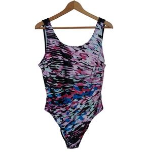 3XL Pink Blue Abstract Print One Piece Swimsuit Scoop Neck Bathing Suit Beach